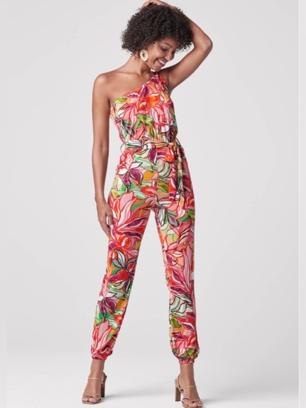 Lascana Venus One-Shoulder Floral Print Jumpsuit in Multicolor